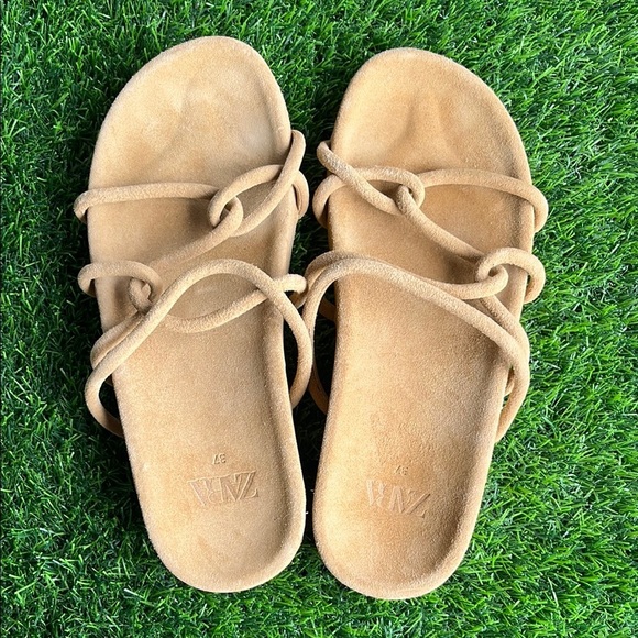 ZARA Tan Soft Suede Strappy Flat Sandals size 6.5 EU37 - Picture 1 of 9